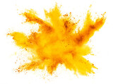 Fototapeta Tęcza - bright yellow orange holi paint color powder festival explosion burst isolated white background. industrial print concept background