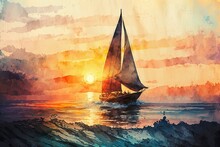 Sailboat On Ocean At Sunset Beautiful Watercolor Style. Glorious Generative AI.