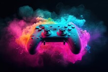 Wallpaper Style Gamepad Portrait, Decorated With Colored Lights Or Colored Smoke.