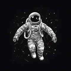 Black and white 2d illustration of astronaut in space