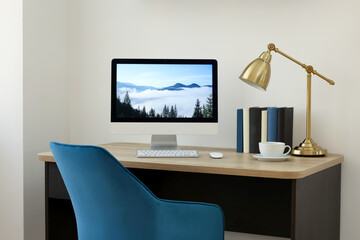 Sticker - Cozy workspace with computer on wooden desk and comfortable chair at home