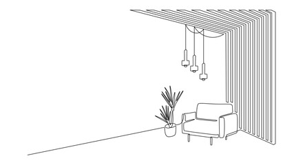 Aufkleber - One continuous line drawing of design interior with armchair and wood slat walls. Hygge scandinavian decor and soft furniture chair in simple linear style. Editable stroke. Doodle vector illustration