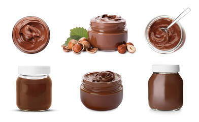 Wall Mural - Yummy chocolate paste in jars and hazelnuts on white background, collage design