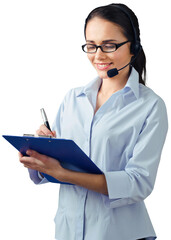 Sticker - Close-up portrait of young businesswoman with headphones isolated on white background