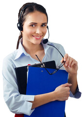 Sticker - Woman Talking on Headset and Holding Clipboards and Glasses - Isolated