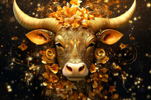 Zodiac Sign Of Taurus, Fantasy Gold Bull And Flowers On Sky Background, Generative AI.