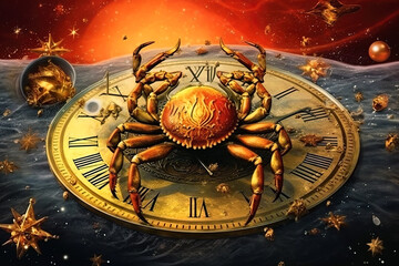 Wall Mural - Zodiac sign of Cancer, gold crab and clock on space background, generative AI