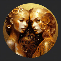 Wall Mural - Zodiac sign of Gemini, fantasy portrait of gold twins on night sky background, generative AI