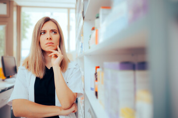 Pharmacist Thinking which Product to Recommend Looking at a Shelf . Puzzled medical worker feeling in doubt in a pharmacy

