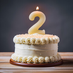 Decorated Birthday cake with a single number six candle for for kids second birthday