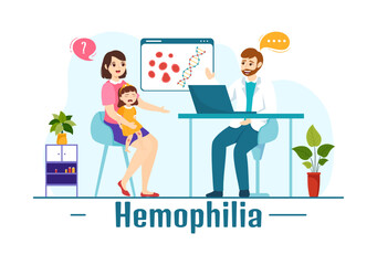 Wall Mural - Hemophilia Vector Illustration with Doctor Examining Injured Knee or Joint and Blood Disorders in Kids Healthcare Cartoon Hand Drawn Templates
