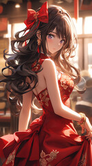 Wall Mural - hand drawn anime cartoon illustration of a girl wearing a chinese cheongsam
