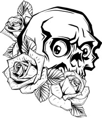 Poster - monochrome Vintage human skull tattoo concept with rose flowers isolated vector illustration