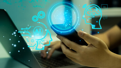 Fototapete - Woman using laptop computer and smartphone connecting smart brain ai chatting big data. Ai techonology machine learning and assistant.