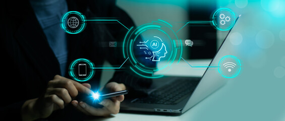 Fototapete - Ai machine learning technology. Businessman using smartphone connecting with ai smart brain for chatting and asking for assistant.