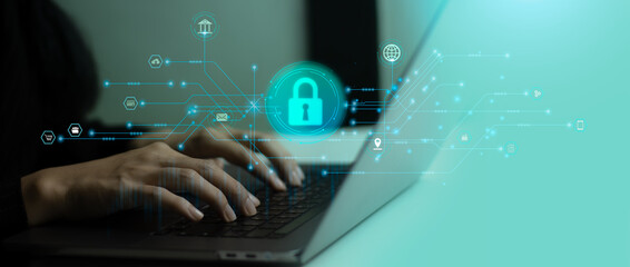 Poster - Technology concept. Business people using laptop computer notebook protect virtual digital data online.