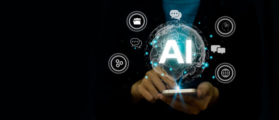 Fototapete - Ai Technology chatting bot. Businessman using smartphone connecting virtual world digital artificial intelligence chat ai black background.