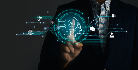 Fototapete - Businessman touching finger visual screen chatting ai smart brain. Artificial Intelligence Technology for future lifestyle.