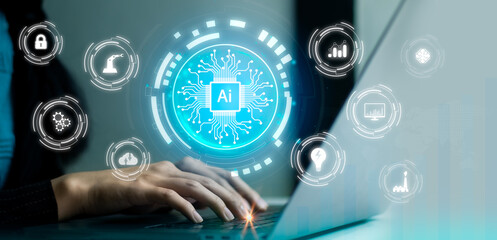 Fototapete - Businesswoman using laptop computer chatting ai. Artificial Intelligence Machine Learning Technology. Chatting ai. Blue neon light and interface future lifestyle.