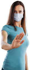 Poster - A woman wearing surgical mask refuse nurse injection or vaccination.