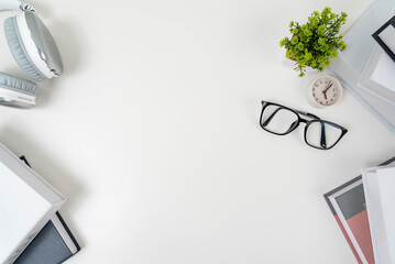 white office desk table Top view with copy space. Flat lay.