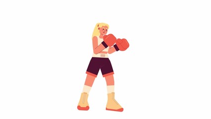 Poster - Animated kickboxing woman. Girl boxer punching isolated 2D animation. Blonde caucasian girl boxing. Cartoon flat character 4K video footage, white background, alpha channel transparency for web design