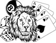 monochrome Lion head with poker cards and dice