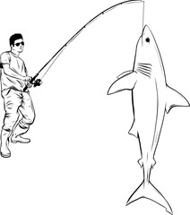 Wall Mural - monochrome Fishing label with a shark and a fisherman in