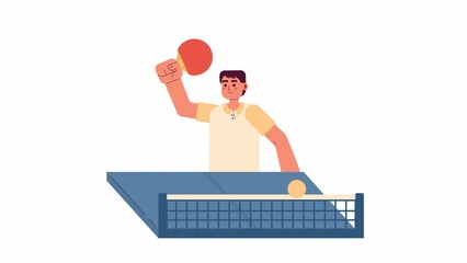 Poster - Animated table tennis player. Asian man playing ping pong isolated 2D animation. Pingpong match. Cartoon flat character 4K video footage, white background, alpha channel transparency for web design