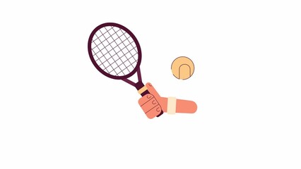 Poster - Animated tennis racket ball. Hand holding racquet. Tennis ball movement isolated 2D animation. Cartoon flat hand 4K video footage, white background, alpha channel transparency for web design