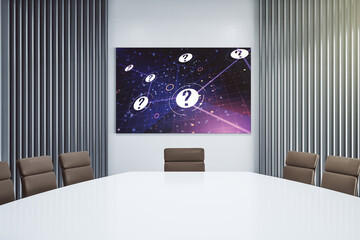 Aufkleber - Question mark hologram on presentation tv screen in a modern meeting room. Sociology and psychology concept. 3D Rendering
