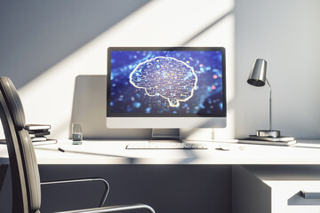 Aufkleber - Modern computer display with creative human brain microcircuit. Future technology and AI concept. 3D Rendering