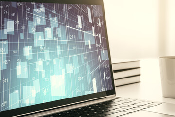Fototapete - Computer monitor with abstract creative analytics data spreadsheet, analytics and analysis concept. 3D Rendering