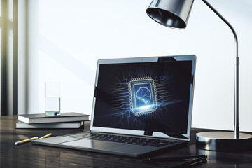 Poster - Modern computer monitor with creative artificial Intelligence symbol. Neural networks and machine learning concept. 3D Rendering