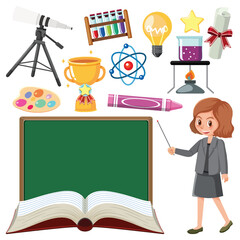 Sticker - Set of teaching equipment tools and teacher cartoon character