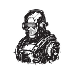 Wall Mural - future robotic soldier, vintage logo line art concept black and white color, hand drawn illustration