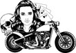 head girl on motorcycle with skull and poker aces monochrome vintage illustration on white background.