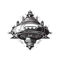 Wall Mural - giant spaceship, vintage logo line art concept black and white color, hand drawn illustration