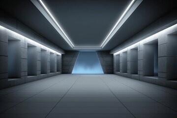Poster - mysterious long hallway with a glowing light at the end generative ai