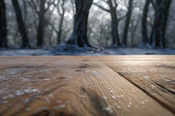 Poster - snow-covered wooden table top in a winter landscape Generative AI