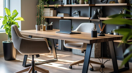 a roomy office and open space with two conference tables, wood walls, and a wooden desk, in the style of monochrome toning, photo-realistic landscapes, living materials, glazed surfaces, light silver 