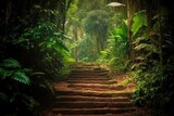 Fototapeta Las - set of wooden steps surrounded by lush green jungle foliage Generative AI