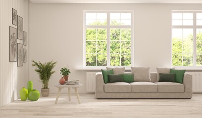 Bright interior design with modern furniture and summer landscape in window. 3D illustration