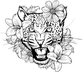 vector illustration of Monochrome leopard head with flower