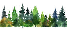 Watercolor Landscape With Fir Trees, Abstract Nature Background, Forest Template, Hand Drawn Illustration. Generative AI