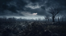 Abandoned Battlefields On A Cold And Gloomy Day. Generative AI.