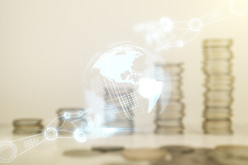 Aufkleber - Abstract virtual robotics technology hologram with globe sketch on stacks of coins background. Robot development and automation concept. Multiexposure