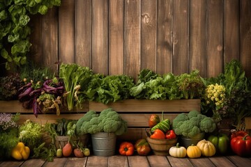 Wall Mural - Wooden background with a veggie garden theme. Generative AI.