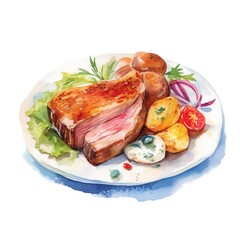 Wall Mural - Steak plate, watercolor. Generative AI.