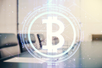 Poster - Double exposure of creative Bitcoin symbol hologram on a modern boardroom background. Mining and blockchain concept